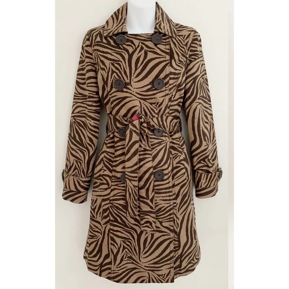 BODEN Women Trench Coat Sz 12 Brown Zebra Print Belted Lined